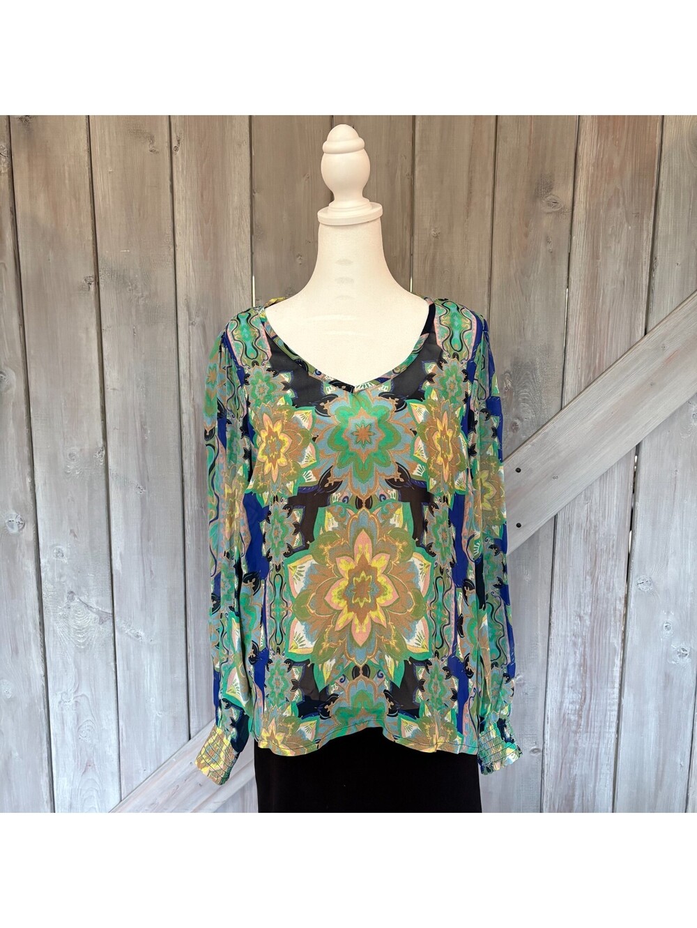 Women blouse-Cream-size 38-print boheme-cami included-elastic cuffs-semi sheer